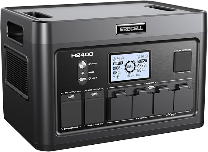 GRECELL Solar Generator 2400W Portable Power Station, 1843Wh UPS Backup LiFePO4 Battery Supply with 11 Outlets(4 2000W AC Outlets,2 PD100W), 2Hrs Quick Charge for Home Emergency RV Trip Van (H2400)