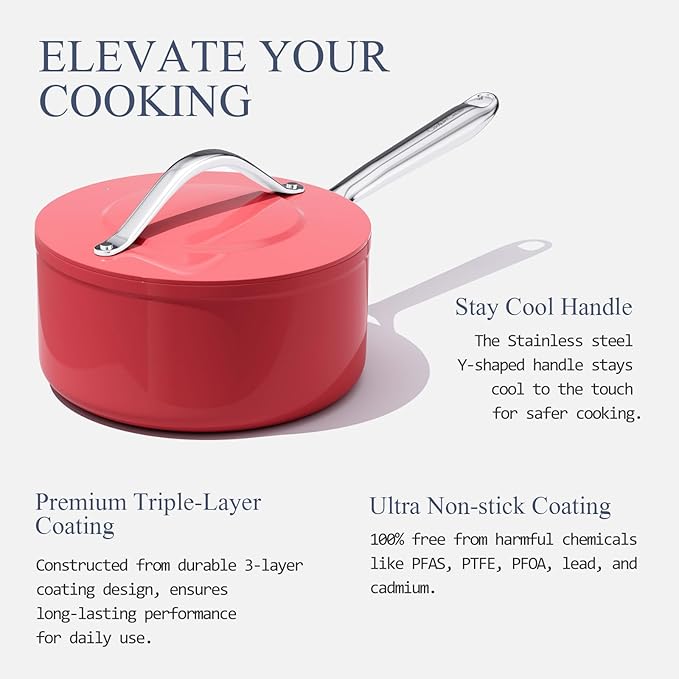 3.5qt Nonstick Ceramic Sauce Pan with Lid (8.19") Even Heat Distribution, Non Toxic & PFAS Free Healthy Cooking Pot for All Stovetops (Induction/Gas/Electric), Oven Safe 500°F, Fusion Red