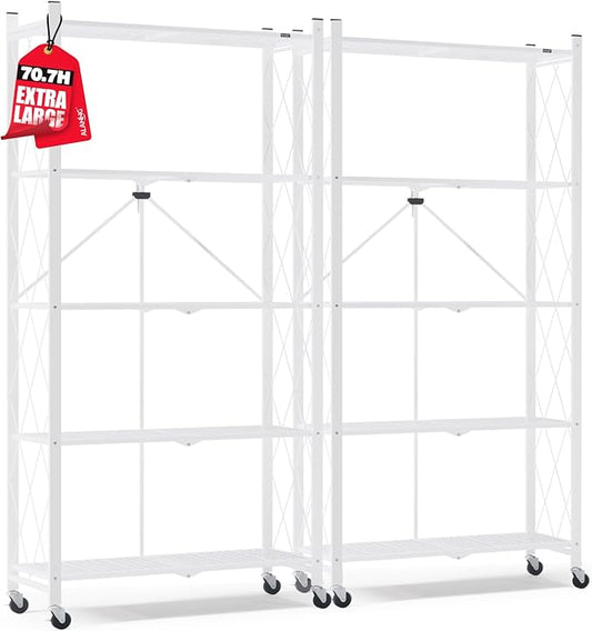 ALANNG 70.7" H Metal Storage Shelves, 5 Tier Folding Shelf on Wheels, Heavy Duty, No Assembly, Rolling, Collapsible Rack Unit for Kitchen, Basement, Pantry (White,2 Pack)