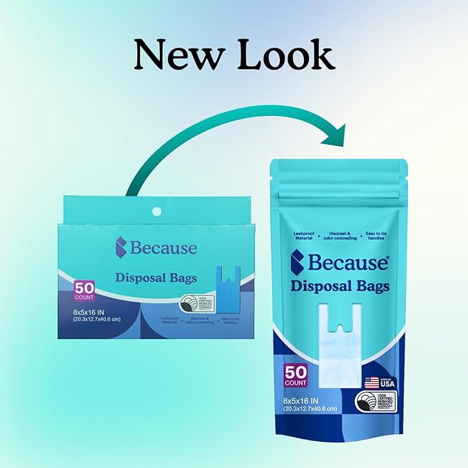 Because Incontinence Disposal Bags, Discreet, Tear Resistant Adult Disposal Bags for Men & Women, Extra-Large, Leak Protection, Odor Blocking, 150 Count (3 packs of 50)
