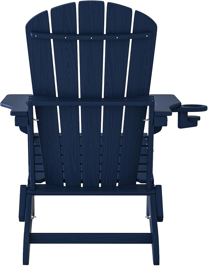Folding Adirondack Chair, SGS Tested, Wooden Textured with Cup Holder, Heavy All-Weather HDPE Comfortable Set Poolside Backyard Lawn Navy Blue