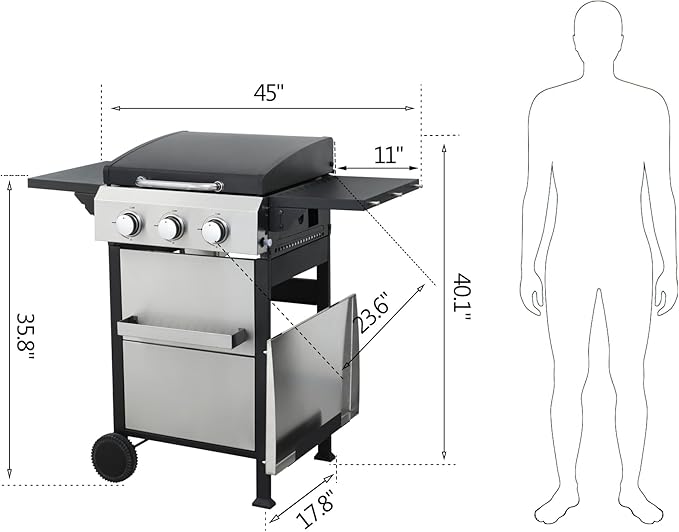 3-Burner Portable Propane Gas Grill with Stainless Steel Plancha Griddle - 36900 BTU Outdoor BBQ Grill with Foldable Side Shelves, Enamel Cooking Grids & Tool Hanging Basket
