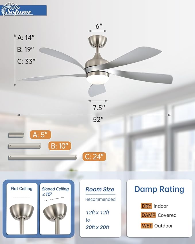 Sofucor 52 Inch Ceiling Fans with Lights and Remote, Outdoor Ceiling Fan with Light 6-Speed 3 CCT 3-Timer, Modern Low Profile Ceiling Fan 5 Blade Reversible DC Motor for Living Room Bedroom Patio