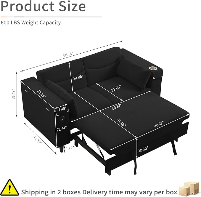 66" Multi-Functional Pull-Out Sofa Bed with Hidden Side Table, Storage Armrests, Built-in Charging Port, Spring Mattress, Solid Wood Frame – Ideal for Small Spaces, Easy Assembly