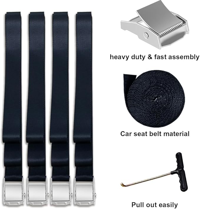 Eurmax USA Trampoline Stakes Heavy Duty Trampoline Parts Corkscrew Shape Steel Stakes Anchor Kit with T Hook for Trampolines -Set of 4 Bonus 4 Strong Belt,Black