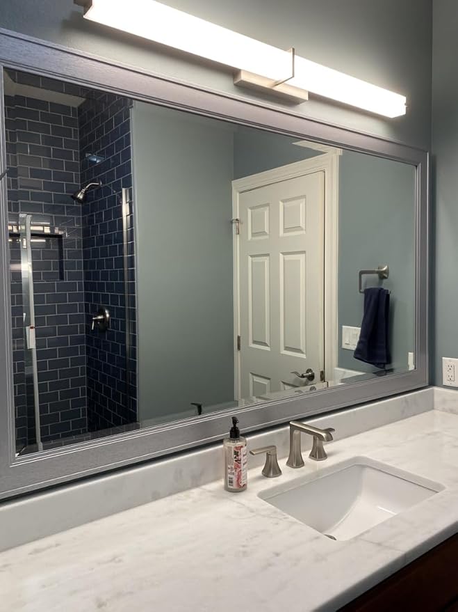 Frame My Mirror Silver Framed Mirror, 28" x 36" Mirror for Bathroom, Wood Frame, True Reflections Glass, Brushed Silver Finish, Porter Design, Hangs Horizontally or Vertically, Made in USA