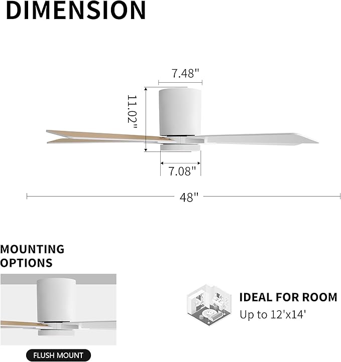WINGBO 48" DC Flush Mount Ceiling Fan with Lights, 6-Speed Reversible DC Motor, 3CCT, Low Profile Hugger Ceiling Fan for Living Room Bedroom Kitchen, White Finish and White/Oak Blades