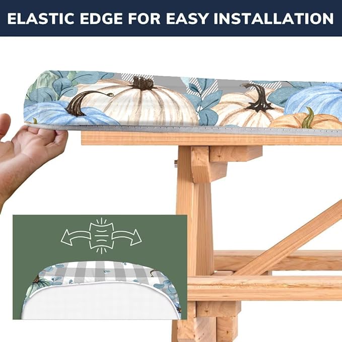 CAPSCEOLL Fitted Picnic Table Cover with Bench Covers with Elastic 8Ft Waterproof Picnic Table Cloths Windproof Outdoor Camping Tablecloth with Drawstring Bag, 96X30in, Blue Pumpkins