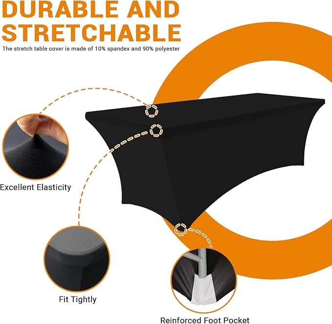 Eurmax USA Rectangular Fitted Spandex Table Covers 6ft Tablecloth Wedding Event Patio Table Decorations Stretch Table Cover for 6ft Folding Table (Black,2 Pack)