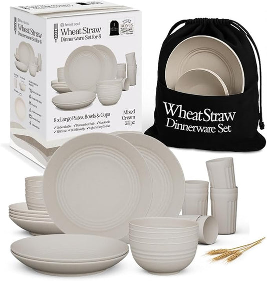 Fern & Soul Wheat Straw Dinnerware Sets, Dish Set for 8, 24 pcs with Storage Bag. Unbreakable, Dishwasher Safe, Kitchen Plastic Plates Bowls Sets, College Dorm, RV Camping Dishes Plate Set (Beige)