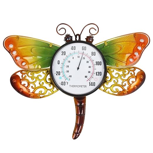 16.5" Outdoor Thermometer, Dragonfly Indoor Thermometer No Need Battery, Metal Wall Thermometer for Patio Room Decor