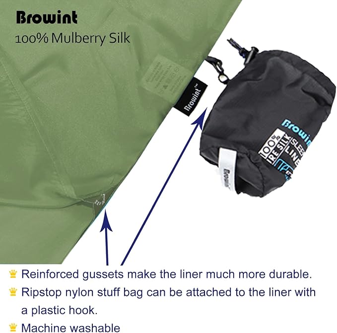 BROWINT Silk Sleeping Bag Liner, Silk Sleep Sack, Extra Wide 87"x43", Lightweight Travel Sheet for Hotels, More Colors for Option, Reinforced Gussets