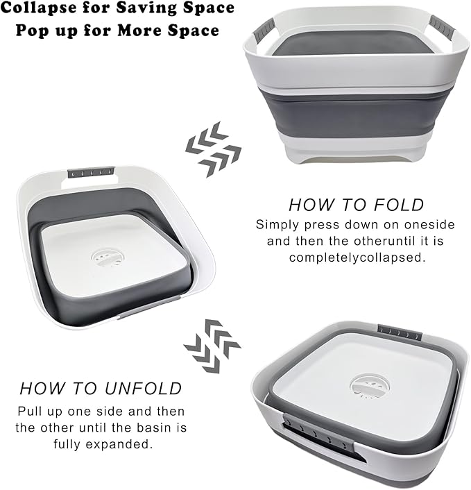 2.4 Gal (9L) Collapsible Dish Basin with 2 Drainage Plugs - Foldable Sink for Kitchen, Camping, RV | Space-Saving Multifunctional Wash Basin for Veggies, Dishes