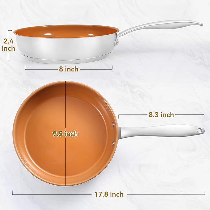 Ceramic Frying Pan, 9.5 Inch Nonstick Pan without PFAS, PTFE, or PFOA, Stainless Steel Base Ceramic Skillet for All Cooktops, Oven & Dishwasher Compatible