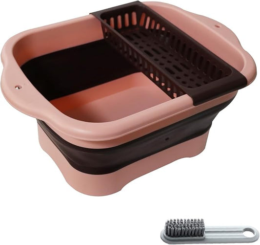 2.77 Gallon (10.5L) Collapsible Dish Basin with Drain Plug, Pink Camping Dish Basin for RV, Space-Saving Foldable Washing Bin, BPA-Free Portable Sink for Vegetables and Dishes - with Brush