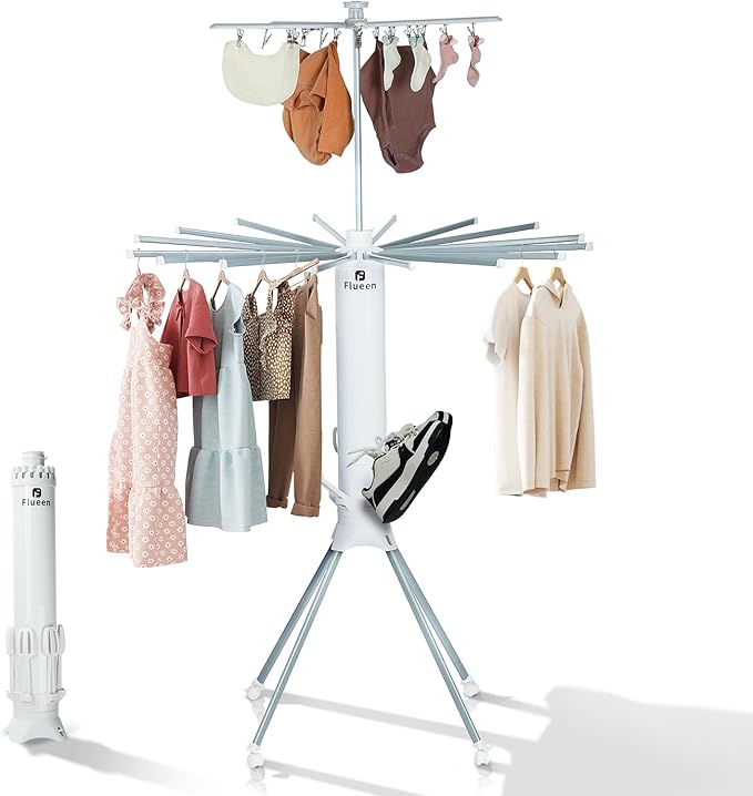 Clothes Drying Rack 2025 Upgrade 4-Legged 3-Tier Foldable Laundry Rack with 4 Pulleys 20 Clips,6 Shoe Dryers 16Drying Rods for Indoor/Outdoor, Camping, Poolside Space Saving, Whit