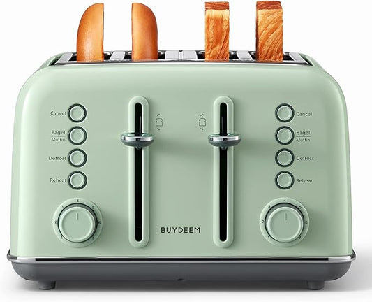 BUYDEEM DT640 4-Slice Toaster, Extra Wide Slots, Retro Stainless Steel with High Lift Lever, Bagel and Muffin Function, Removal Crumb Tray, 7-Shade Settings,Cozy Greenish
