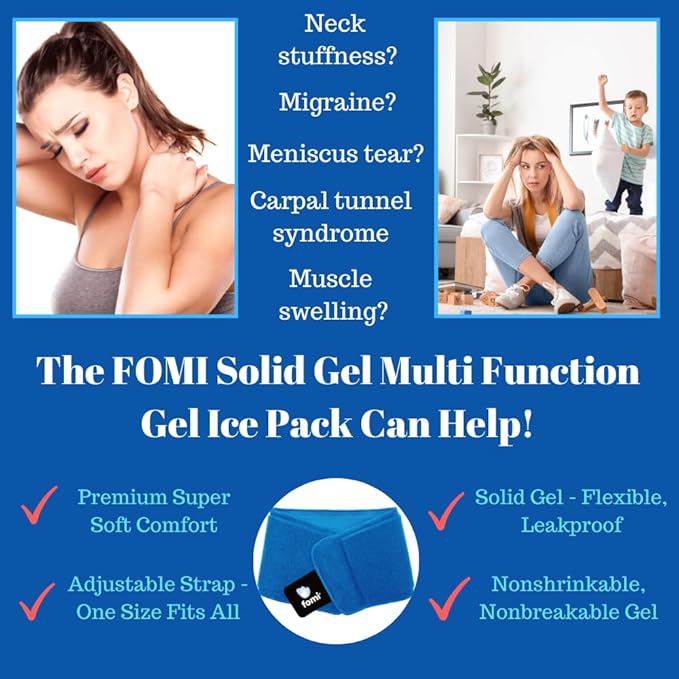 FOMI Premium Hot Cold Multi Function Solid Gel Ice Pack | Neck, Forehead, Eye, Wrist, Knee, Shin Cool Compress | Adjustable Wrap for Stiff Neck, Migraine, Headache, Meniscus, Carpel Tunnel Pain Relief