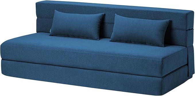 Folding Sofa Bed with Pillows- Convertible Chair Floor Couch & Sleeping Mattress, Foldable Memory Foam Sleeper for Living Room/Dorm/Guest Room/Home Office/Apartment/Loft, Queen, Navy Blue
