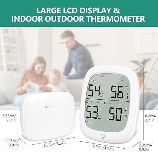 Indoor Outdoor Thermometer Wireless, Outside Digital Thermometer Humidity with IP66 Waterproof Sensor, LCD Backlight, Max/Min Trend, Wireless Humidity Gauge for Home Room Greenhouse,Patio