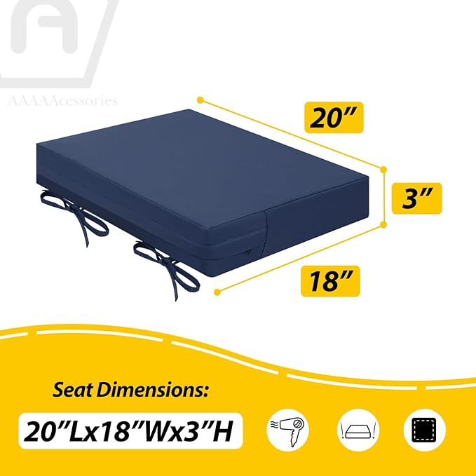 AAAAAcessories Outdoor Seat Cushions for Chairs, Waterproof, Fade-Resistant Patio Furniture Replacement Cushions, 20" x 18" x 3", Set of 2, Navy Blue