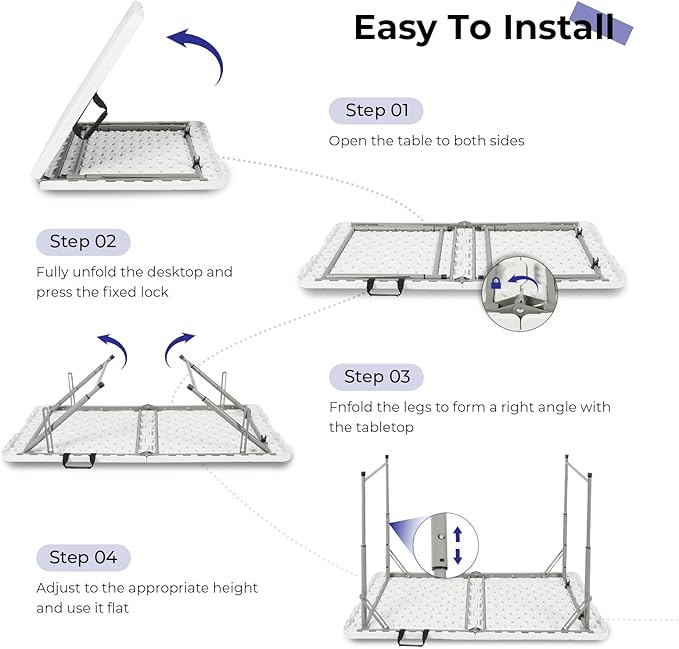 Folding Table 4 Foot Portable Heavy Duty Plastic Fold-in-Half Utility Table Small Indoor Outdoor Adjustable Height Folding with Carrying Handle, Camping and Party,White