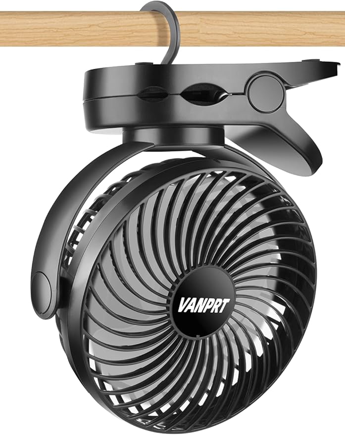 6'' Clip Fan, Portable Clamp Fans with Hanging Hook, 5000mAh Rechargeable Battery Fan, 3 Speeds, 720° Rotation, Quiet, Strong Grip Clamp, 7-30 Working Hours for Camp Stroller Bed - Black
