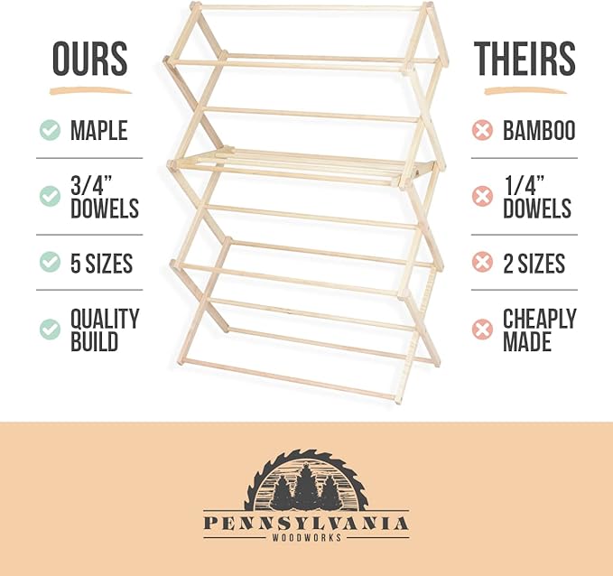 Pennsylvania Woodworks Clothes Drying Rack: Solid Maple Hard Wood Laundry Rack for Sweaters, Blouses, Lingerie & More, Durable Folding Drying Rack, Made in USA, No Assembly Needed, Medium