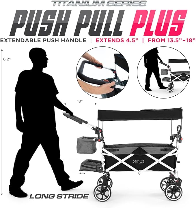 Creative Outdoor Wagon for Kids Push Pull Collapsible Stroller with Canopy Folding Cart | Titanium Series Plus | Beach, Park, Garden (Black & Grey)