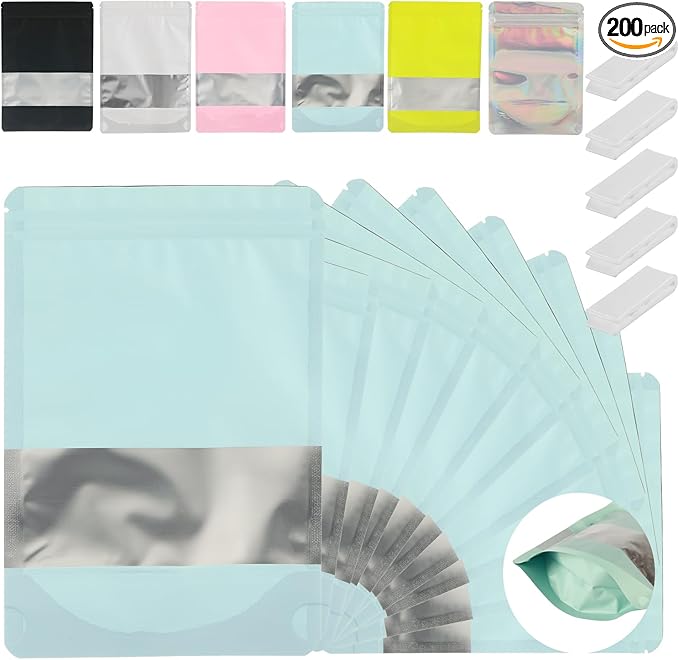 200 Pcs Mylar Bags for Food Storage 5x8 Mylar Bag with Window, Foil Stand Up Resealable Bags for Food, Smell Proof Bag Freeze Dried Candy Packaging Sealable Pouch Jewelry Bracelet Pouch Blue