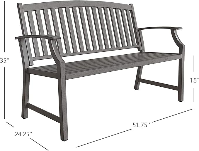 Grand patio 52" Farmhouse Outdoor Bench, Garden Benches with Rust Free Metal Powder Coated Frame and Aluminum Backrest, Faux Wood Grain Finish Frame Patio Bench for Front Porch, Weathered Grey