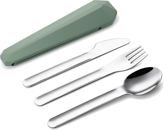 DEVICO Travel Utensils with Case, Reusable Camping Silverware Cutlery, 18/8 Stainless Steel Portable Fork Spoon Knife Set for Lunch Picnic School Workplace (Green)