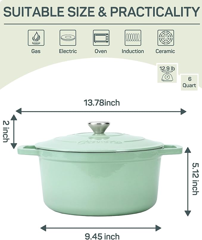6 QT Dutch Oven Pot with Lid, Enameled Cast Iron Dutch Oven for Bread Making, Braiser, Cooking, Dual Handles, Oven Safe up to 500° F or on Stovetop, Gifts for Family - Mint Green