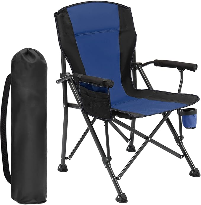 Oversized Folding Camping Chair for Adults, Supports 450 LBS Camping Chairs, Heavy Duty Camping Chair with Side Pockets, Foldable Outdoor Chair for Camping, Beach, Fishing, Hiking, Blue-Black