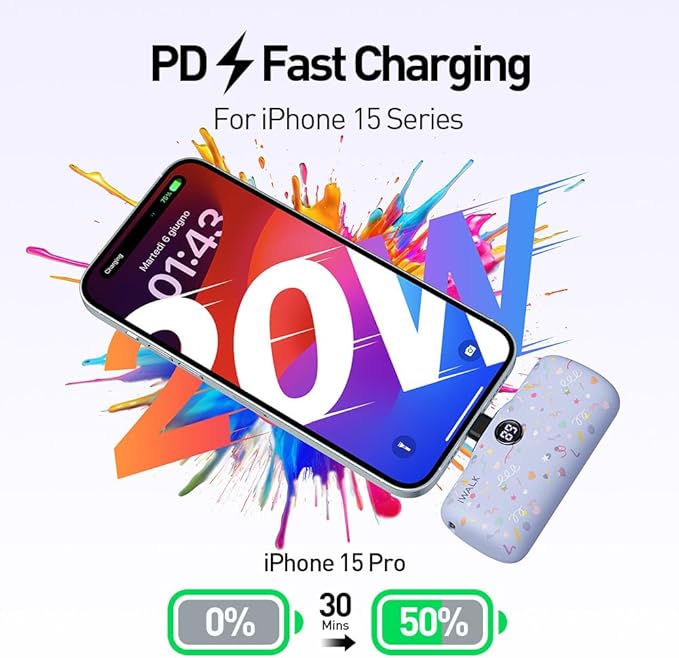 iWALK USB-C Portable Charger with Colorful Pattern, 20W PD Fast Charging 4800mAh Small Power Bank with LED Display, Compatible with iPhone 16/15, 16/15 Plus, 16/15 Pro Max, iPad, Airpods, Purple