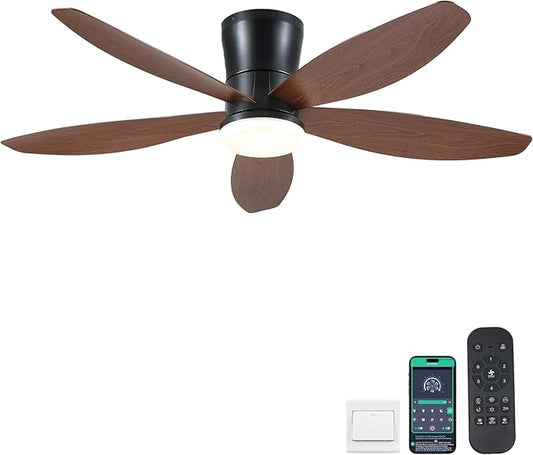 Ceiling Fans with Lights-48 Low Profile Ceiling Fan with Light and Remote/APP Control,Flush Mount,DC Reversible,LED Dimmable Modern Ceiling Fans for Bedroom,Indoor/Outdoor Patio Use(Brown)