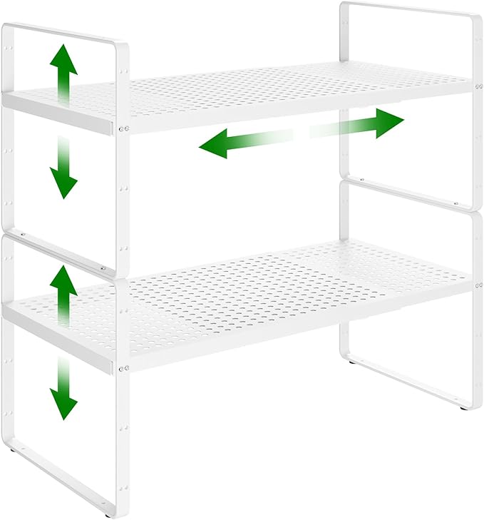 Expandable Kitchen Cabinet Shelf Organizer Rack Heavy Duty Metal Spice Rack Stackable Kitchen Counter Storage Shelf for Cabinet Pantry Bathroom (White- 16.5"-27" L x 8" W x 9.6" H - 2Pack)
