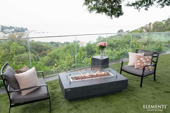 Elementi | Bundle Hampton Gas Fire Pit Cast Concrete 56" Rectangular Fire Table, Outdoor Fire Pit Electronic Ignition | Canvas Cover, Lava Rock Included | Dark Gray (Natural Gas)
