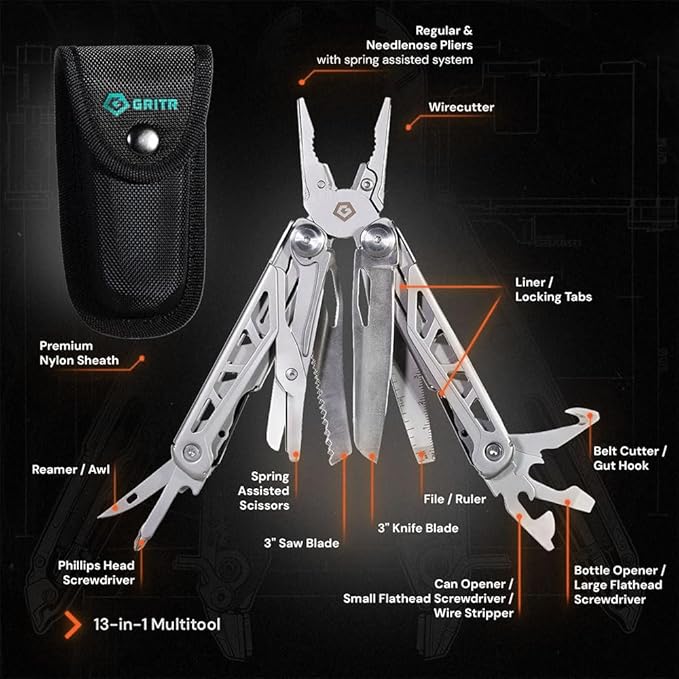 GRITR 13-in-1 Stainless Steel EDC Multitool w/Nylon Sheath - Outdoor Tool w/Needle Nose Pliers, Pocket Knife, Scissors, Bottle Opener, Cutters - Camping Hiking Fishing Survival Gear