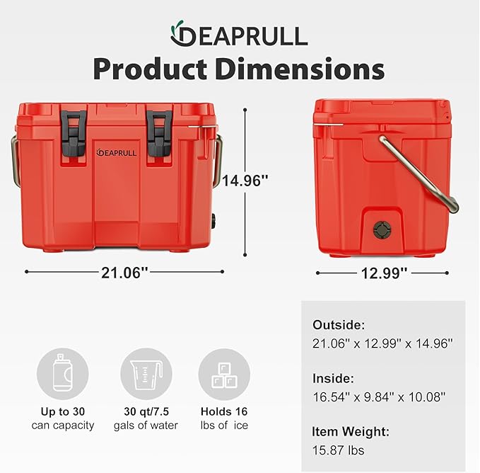 Hard Cooler, Insulated Ice Chest Box Holds Ice for More Days, Portable Cooler with Handle, Cup Holders, Double Latches for Camping Drink, Beach, Picnic, Fishing, Boat, Barbecue