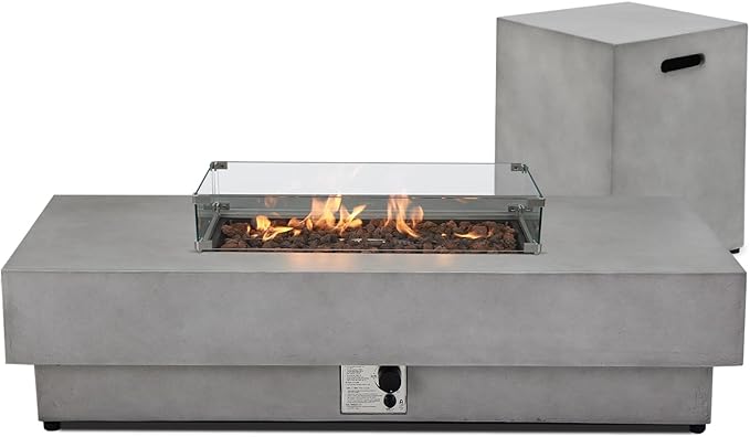 60" Rectangular Propane Fire Pit – 3-Piece 50,000 BTU Concrete Fire Pit with Glass Wind Guard and Tank Cover Table – Outdoor Firepits – Gas Fireplace for Deck or Patio