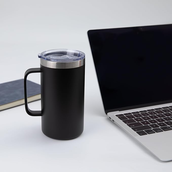 DOMICARE 24oz Mug with Handle and Lid, Stainless Steel Coffee Mug, Travel Mug with Handle, Double Wall Vacuum Coffee Tumbler, Reusable Insulated Cup, Black, Pack 8