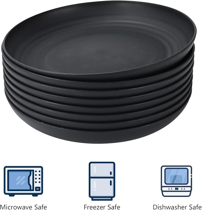 Homienly Deep Dinner Set of 8 - Alternative to Plastic, Microwave & Dishwasher Safe Wheat Straw Plates - Unbreakable for Kids - Black, 9 inch