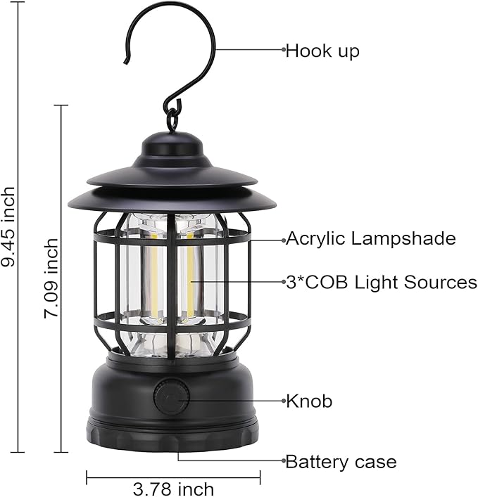 LED Camping Lanterns Rechargeable Portable, Vintage Style Tabletop Lantern, Stepless Dimming, Waterproof - Black, 2 Pack for Camping, Hanging Tent Light, and Power Outages