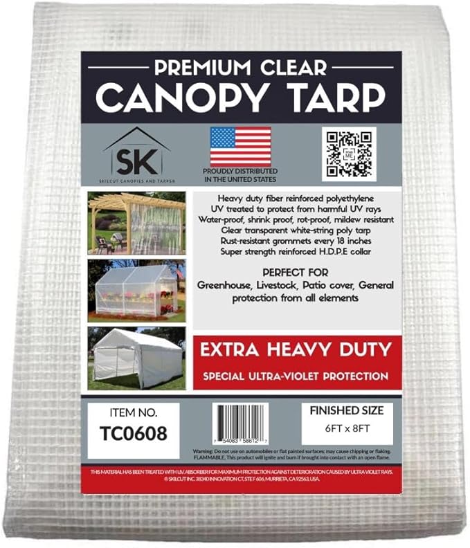 16 Mil Clear Poly Heavy Duty Tarp with Fiber Reinforcement - True Size Tarps with UV Protection, Tear Resistance, Flexibility, Reinforced Corners 6x8