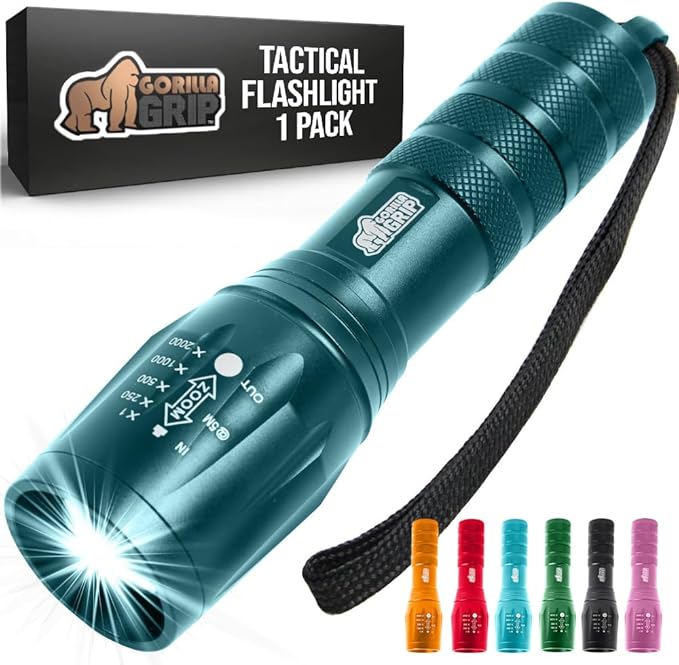 GORILLA GRIP Powerful LED Tactical Flashlight, 750 FT High Lumens 5 Adjustable Modes, Water Resistant, Ultra Bright Zoom Flashlights, Small Mini Flash Light, Camping, Night Dog Walking, Teal Blue