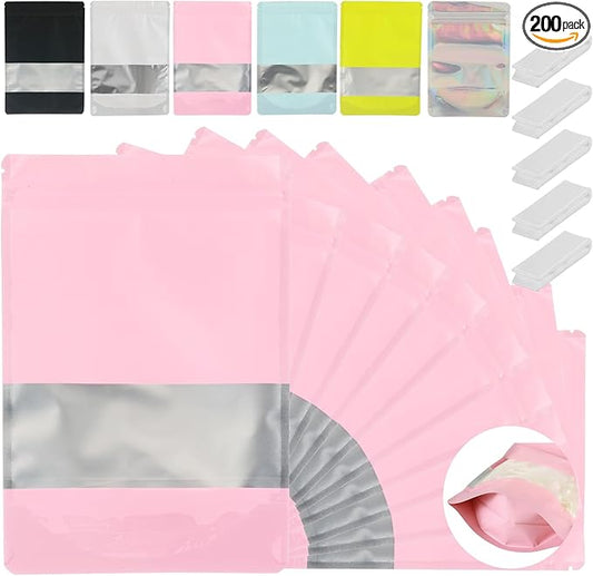 200 Pcs Mylar Bags for Food Storage 7x10 Mylar Bag with Window, Foil Stand Up Resealable Bags for Food, Smell Proof Bag Freeze Dried Candy Packaging Sealable Pouch Jewelry Bracelet Pouch Pink