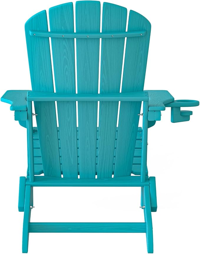 Folding Adirondack Chair, SGS Tested, Wooden Textured with Cup Holder, Heavy All-Weather HDPE Comfortable Set Poolside Backyard Lawn Aruba Blue