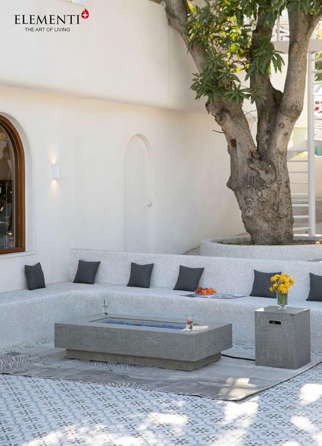 Elementi+ | Bundle Riviera Gas Fire Pit Cast Concrete 60" Rectangular Fire Table, Outdoor Fire Pit Electronic Ignition | Canvas Cover, Fire Glass and Burner Lid Included | Light Gray | Natural Gas