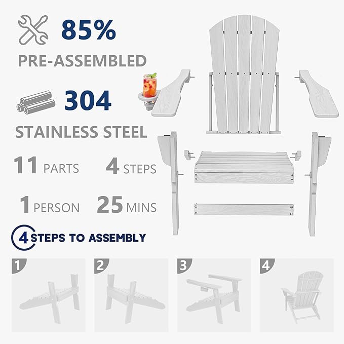 Folding Adirondack Chair, SGS Tested, Wooden Textured with Cup Holder, Heavy All-Weather HDPE Comfortable Set Poolside Backyard Lawn White Set 2